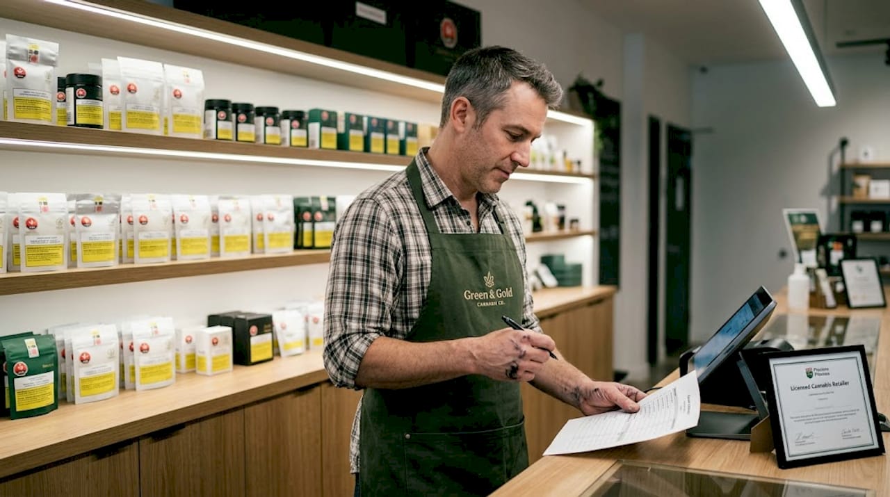 Retail worker checking compliance at cannabis store