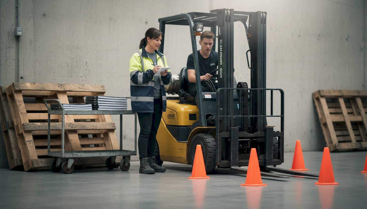 Instructor observes forklift trainee navigating cones