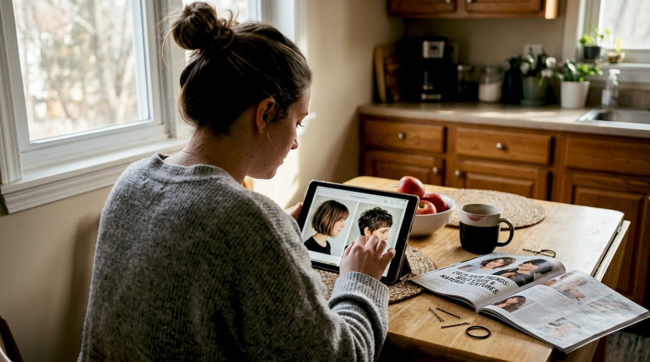 Woman looking at haircut trends with tablet and magazine