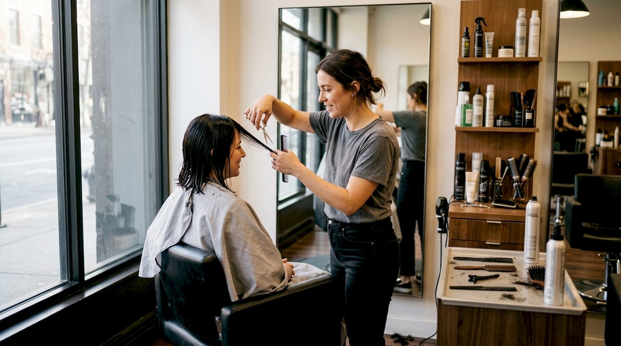 Stylist trimming bob haircut at salon station
