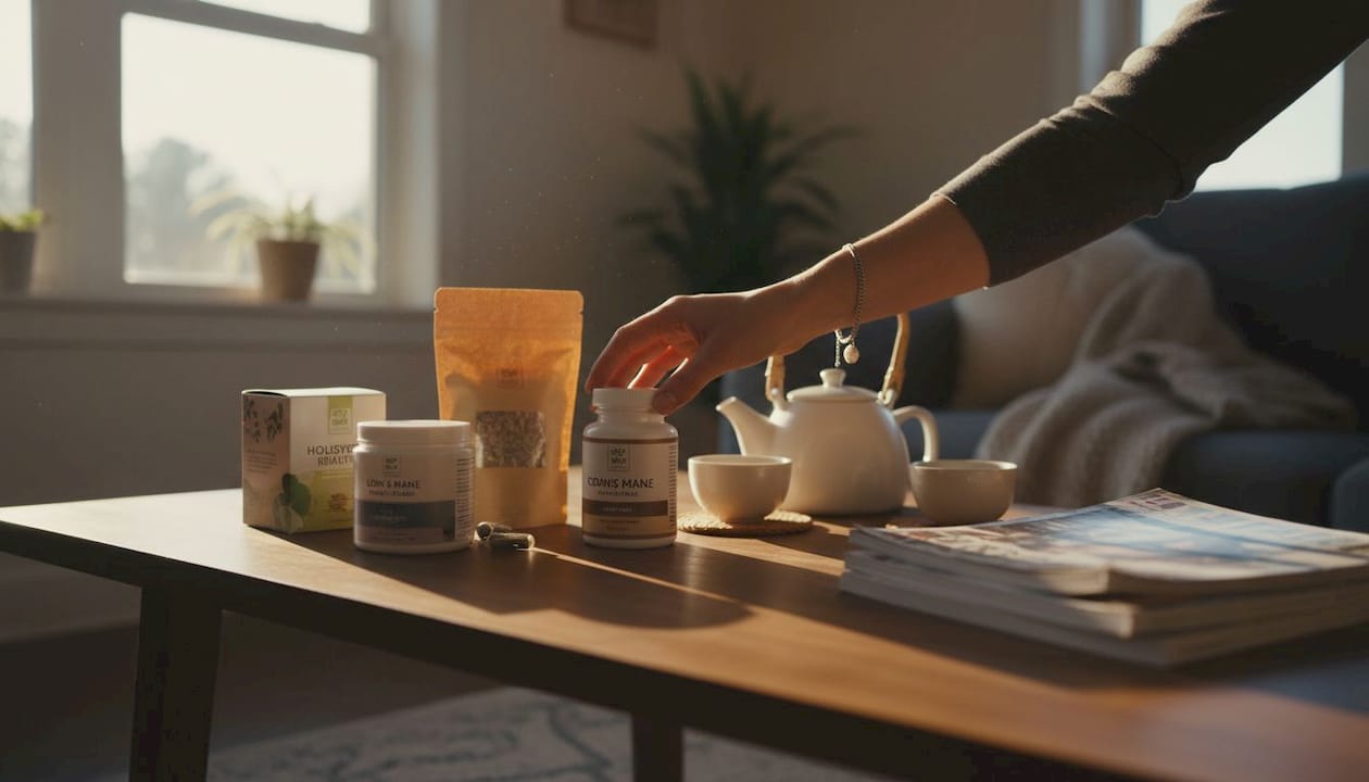 Mushroom supplements on a living room table