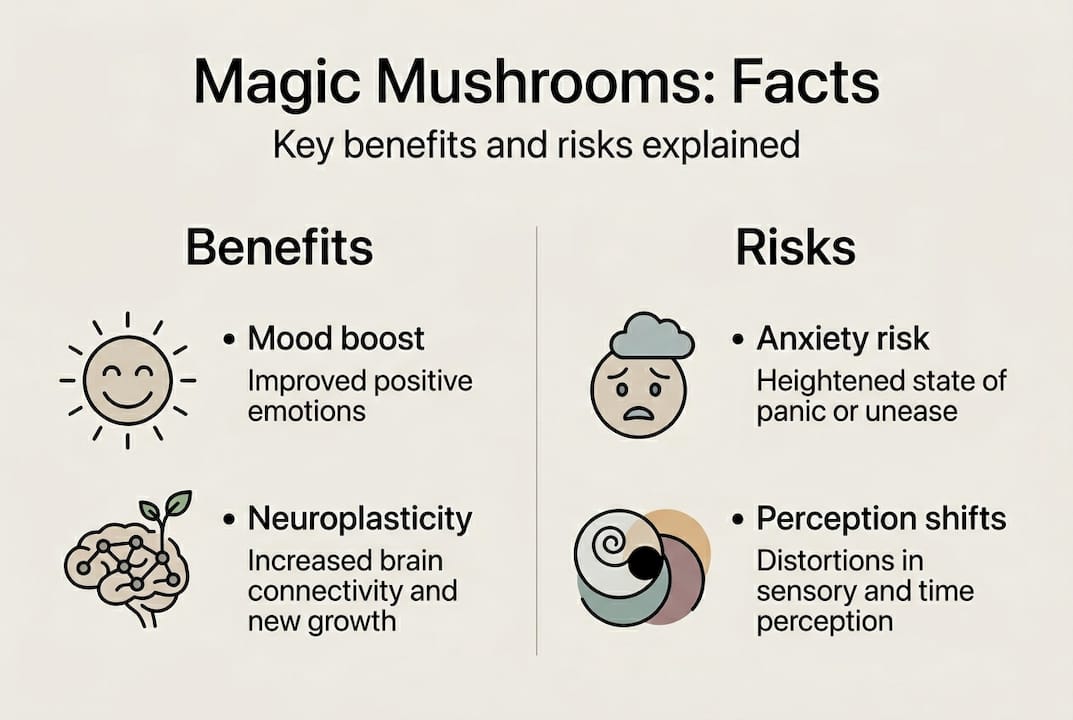 Infographic showing magic mushrooms benefits and risks