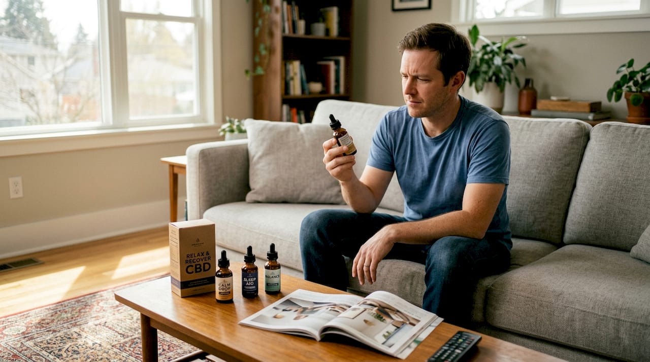 Man reading label on CBD tincture bottle