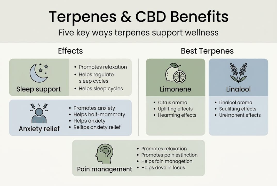 Infographic showing CBD terpene benefits and types