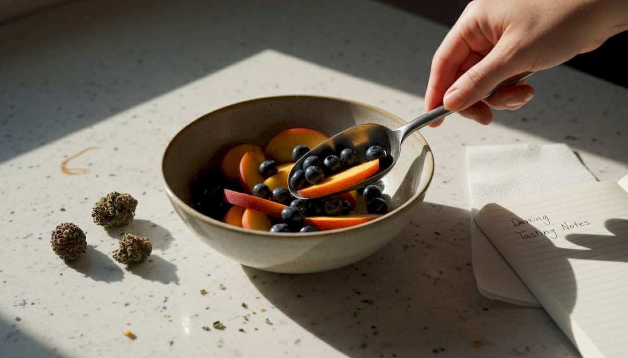 Cannabis buds beside fruit in kitchen bowl