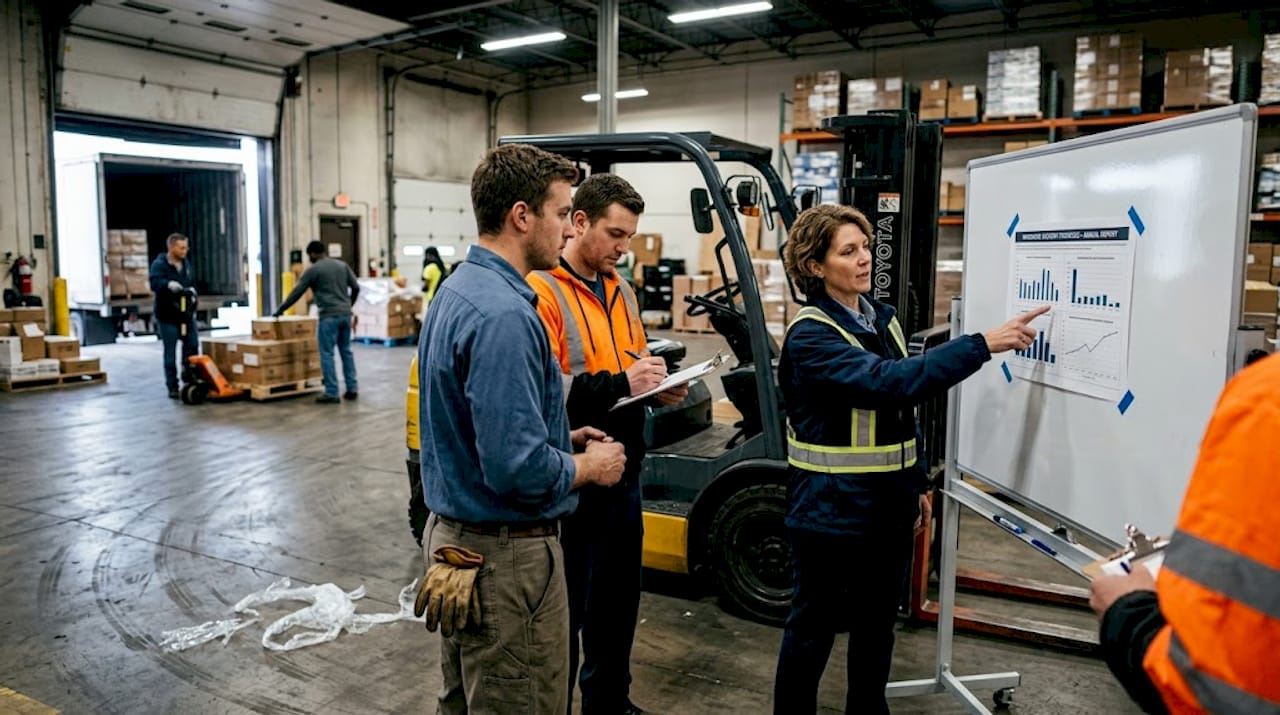 Safety trainer discussing accident statistics with workers