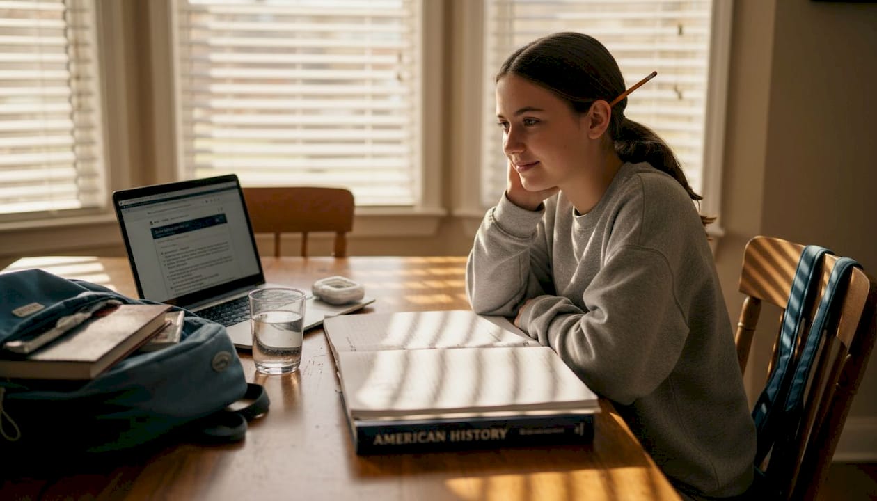 Teenager studying with Invisalign case nearby