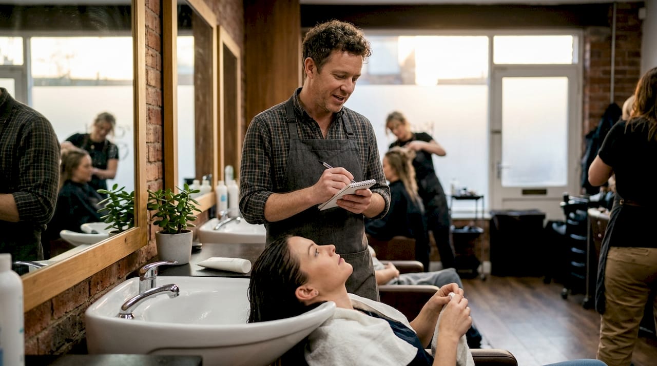 Stylist giving aftercare advice at salon station