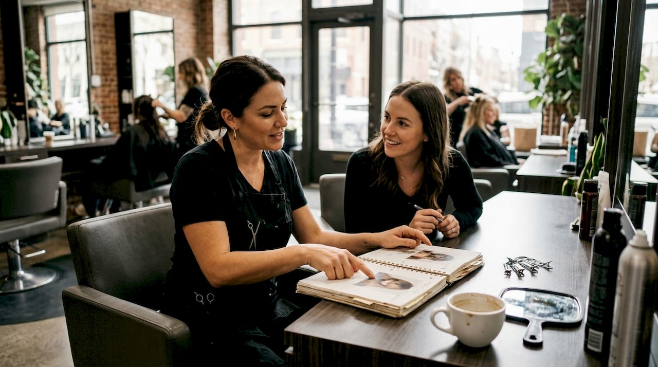 Stylist consulting with client in salon