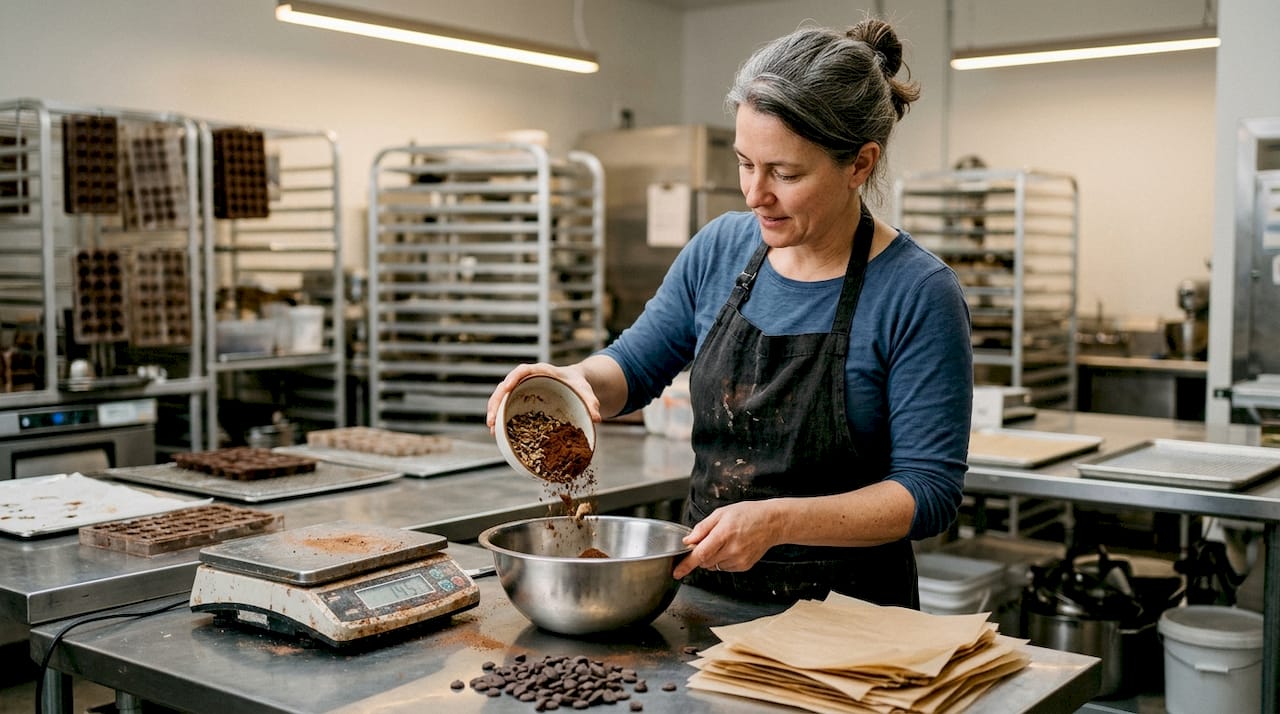 Chocolatier mixing mushroom and cocoa ingredients