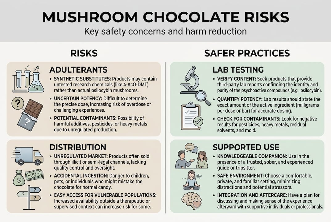 Infographic showing mushroom chocolate risks and harm reduction