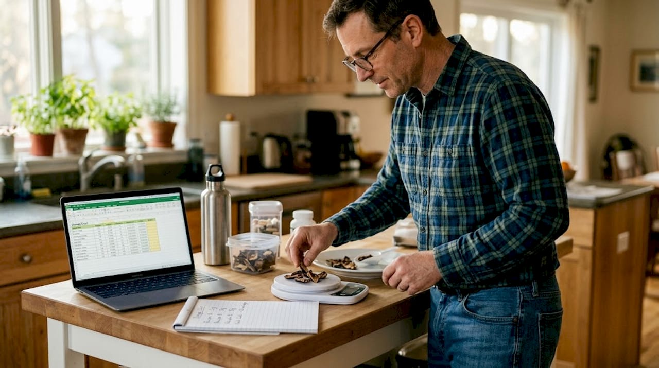 Man measuring mushroom microdose at kitchen island