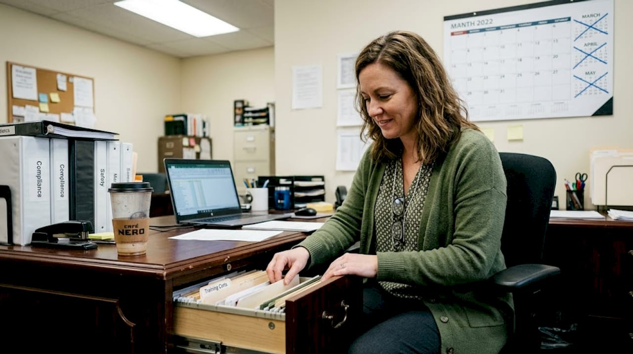 Manager searching desk files for certificate