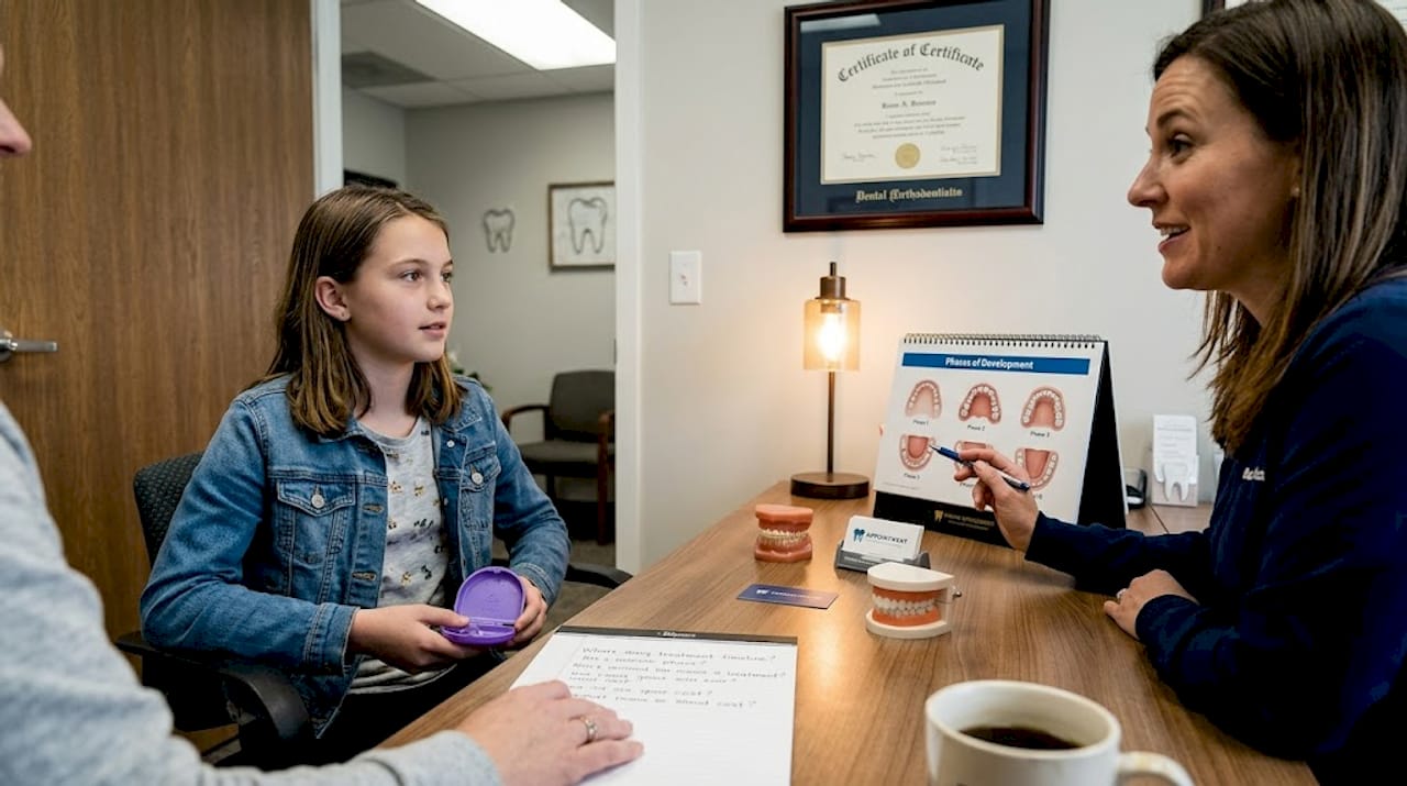 Preteen and parent in orthodontist consultation