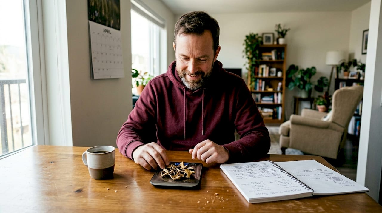 Person preparing psilocybin dose at home table