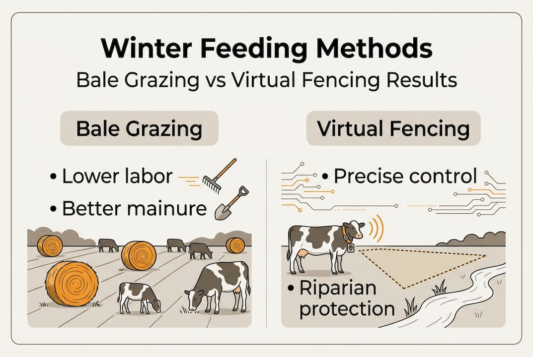 Infographic comparing bale grazing and virtual fencing
