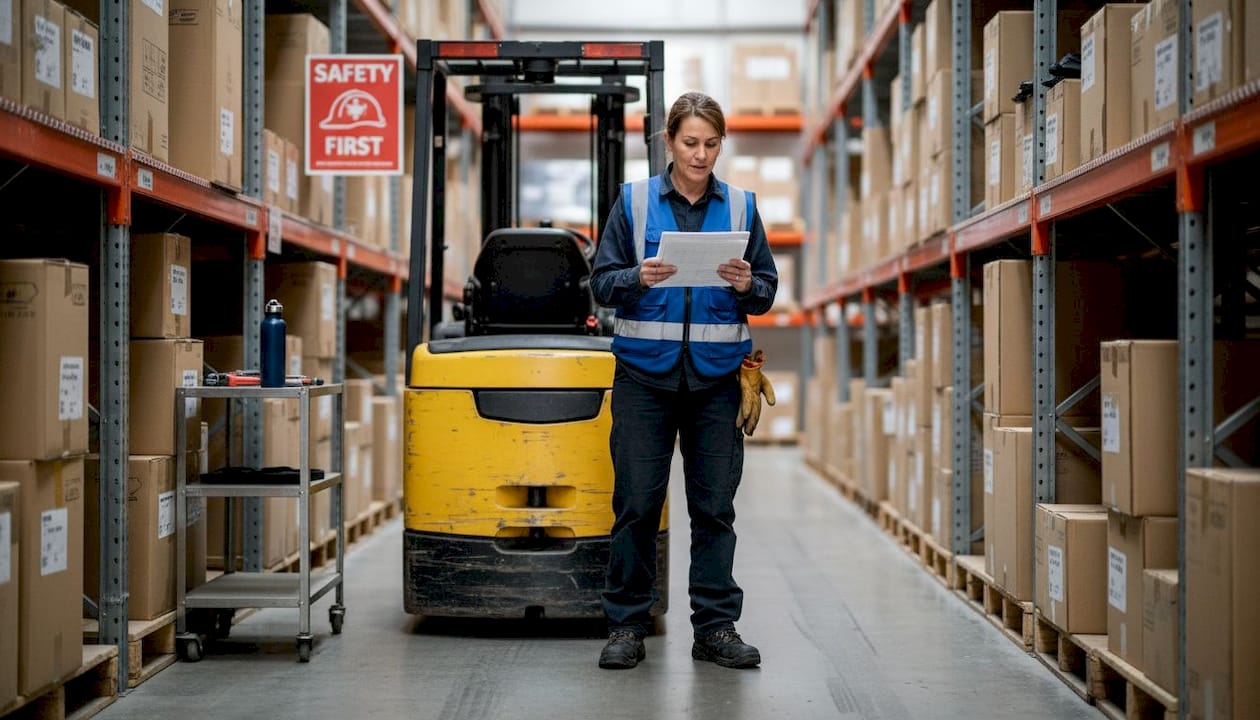 Operator reviewing forklift safety guide in warehouse