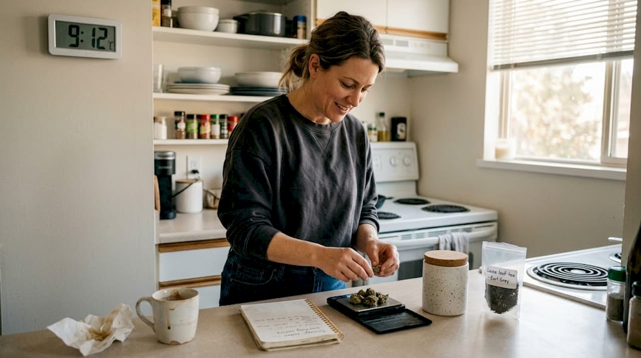 Woman measuring cannabis dosage at kitchen counter