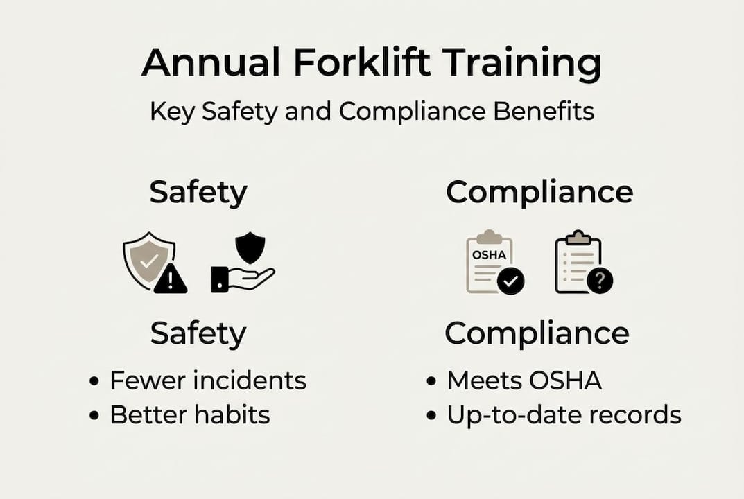 Infographic showing forklift training safety and compliance benefits