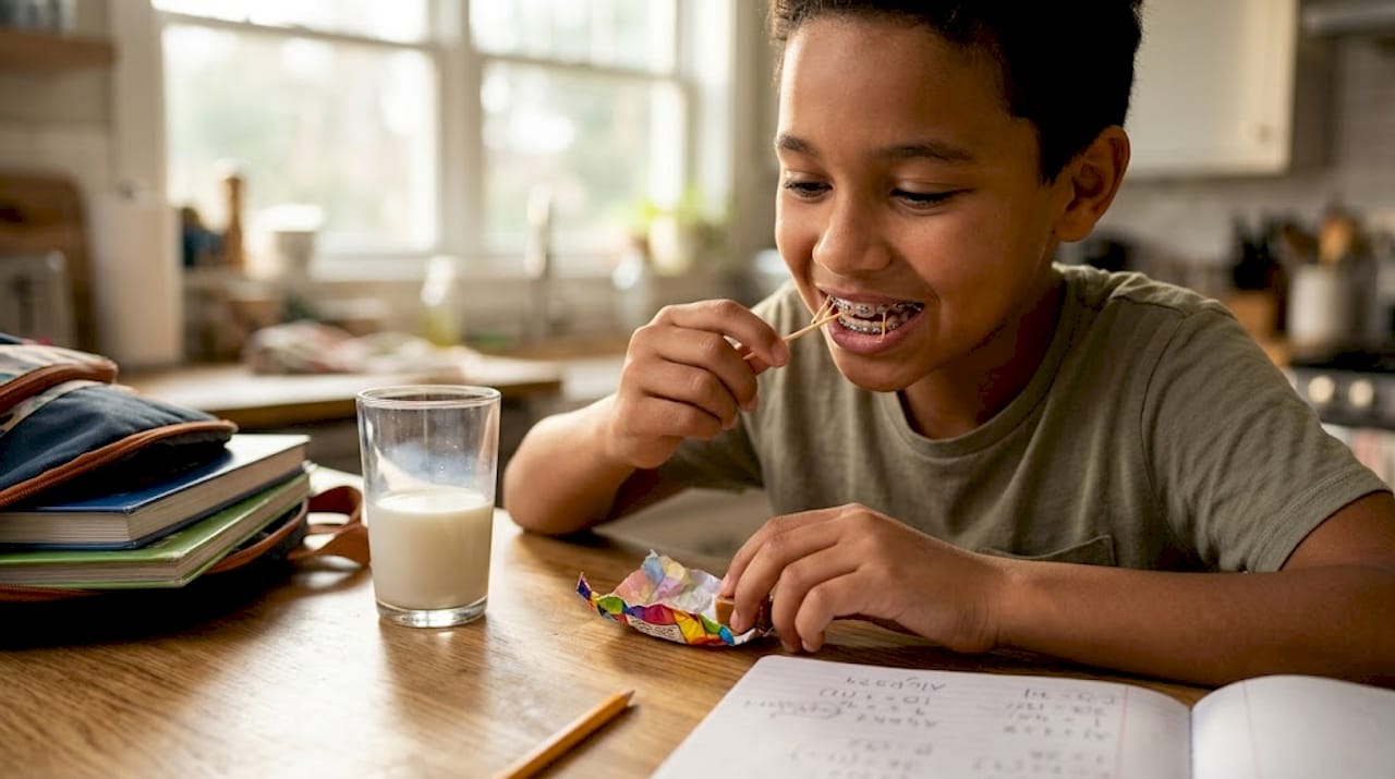 Child removing sticky candy from braces at kitchen counter