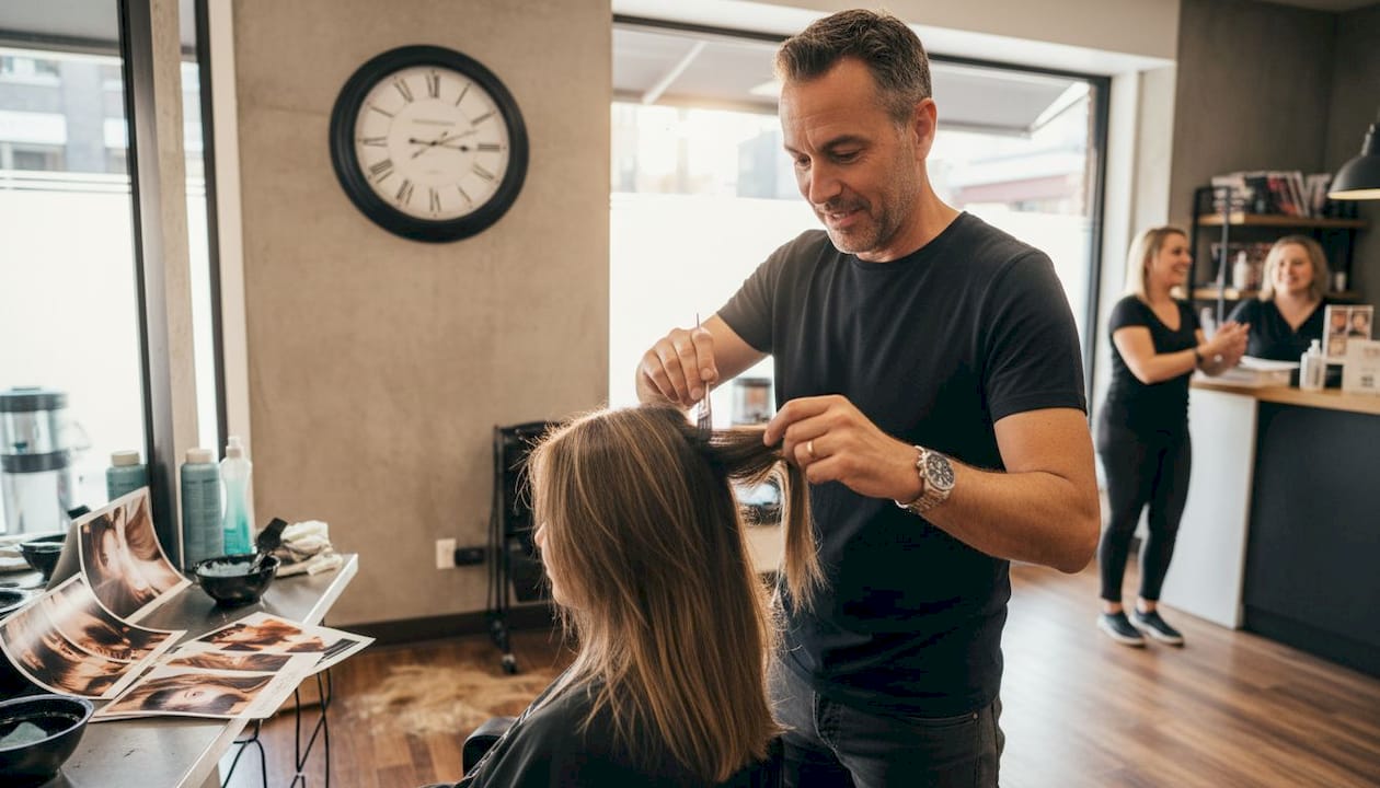 Hair colorist painting balayage highlights