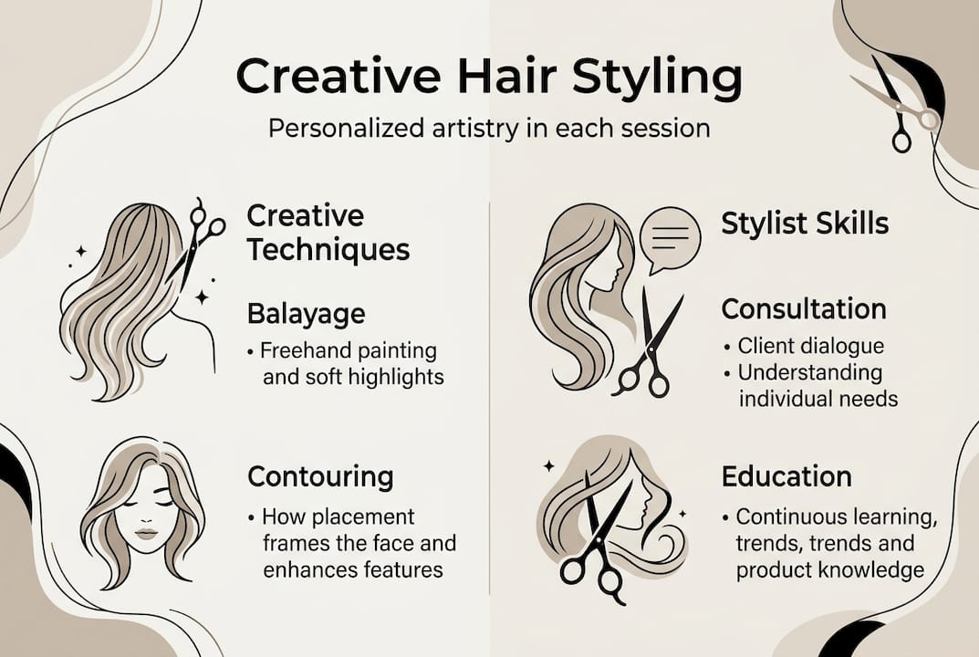 Infographic showing creative hair styling techniques and skills