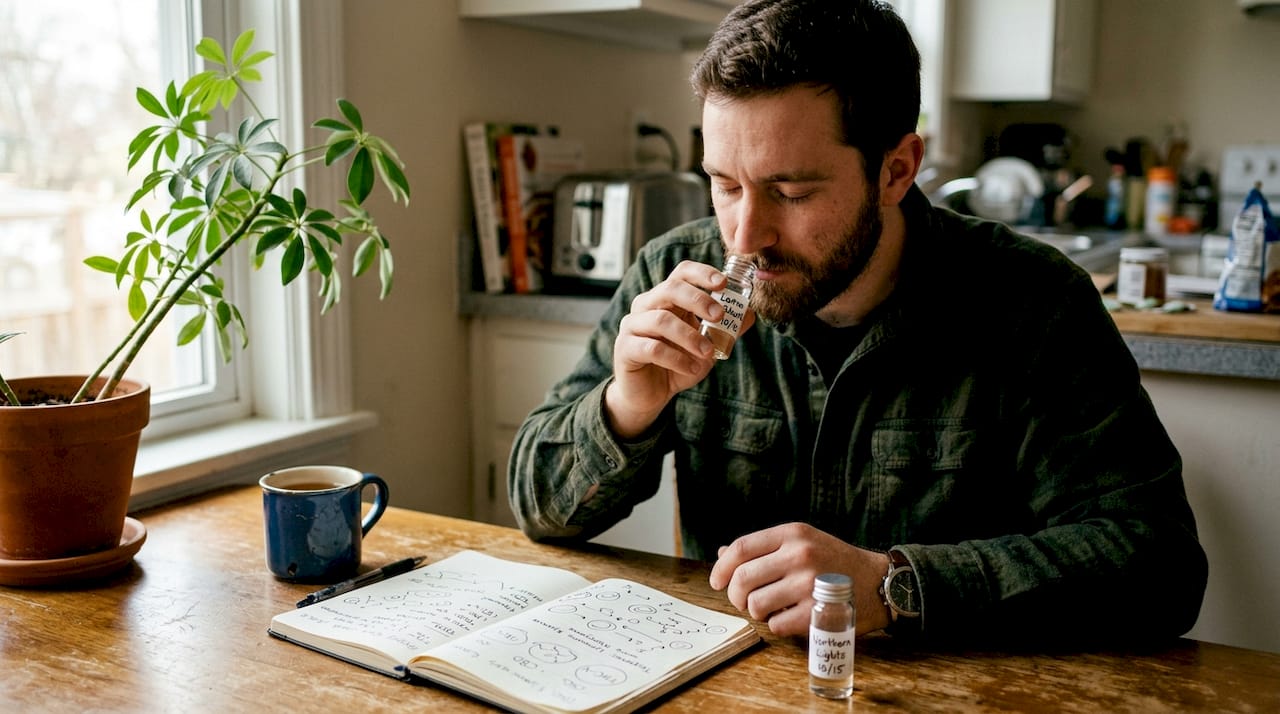 Man smelling cannabis samples at table