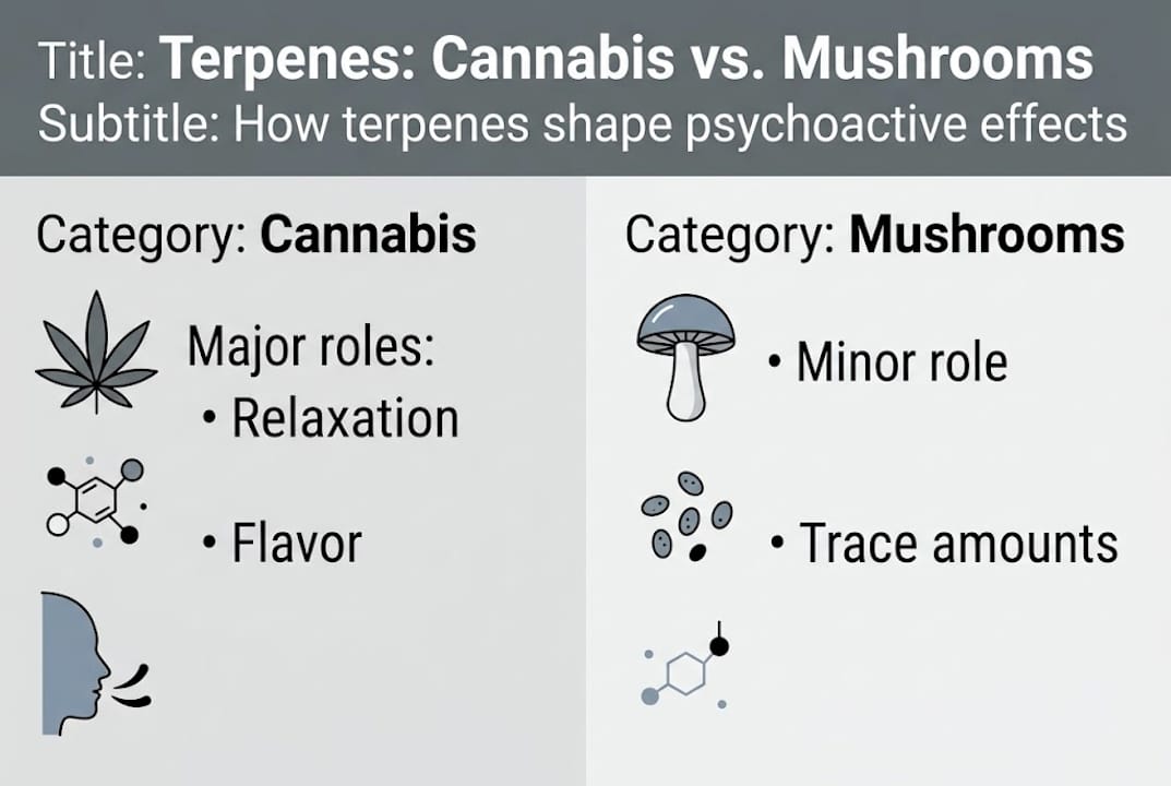 Infographic comparing terpenes in cannabis and mushrooms