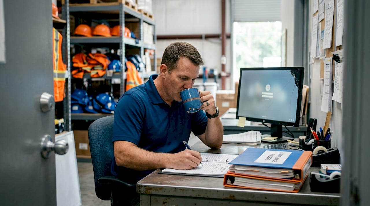 Manager filling out compliance paperwork at desk