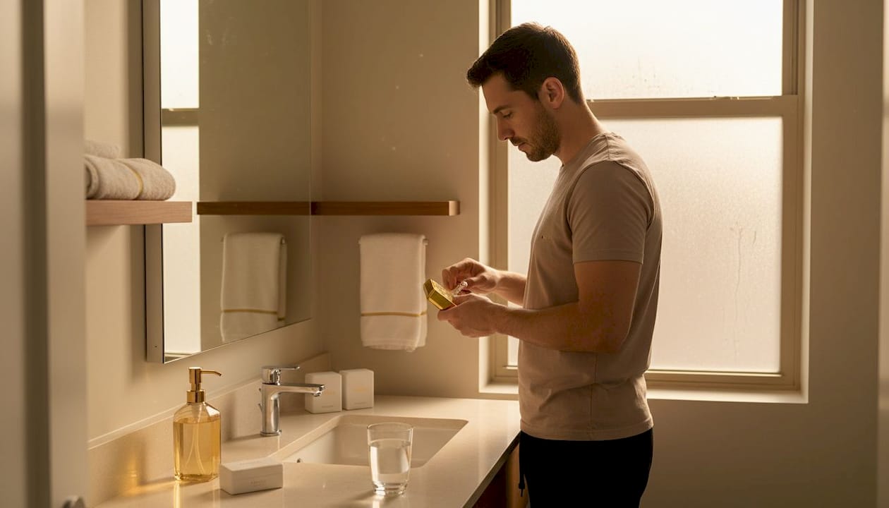 Man preparing clear aligners at bathroom sink
