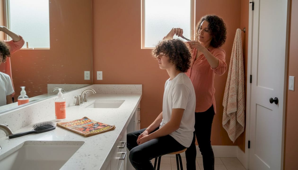 Parent trims curly hair at home