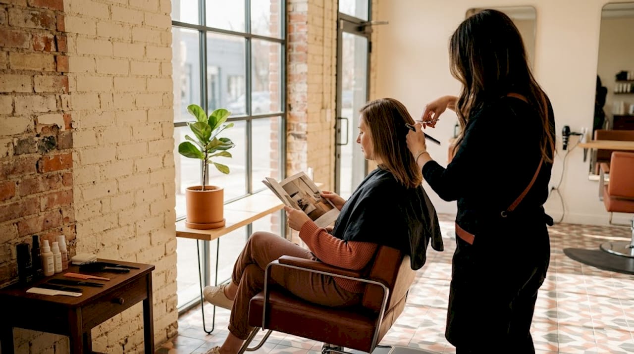 Hairstylist cutting hair in modern salon