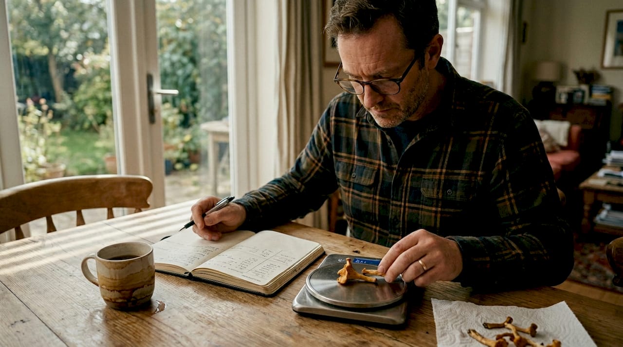 Person measuring dried mushrooms dose