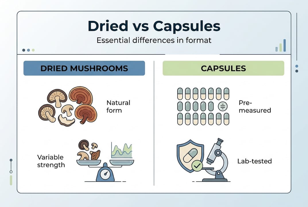 Infographic contrasting mushroom formats