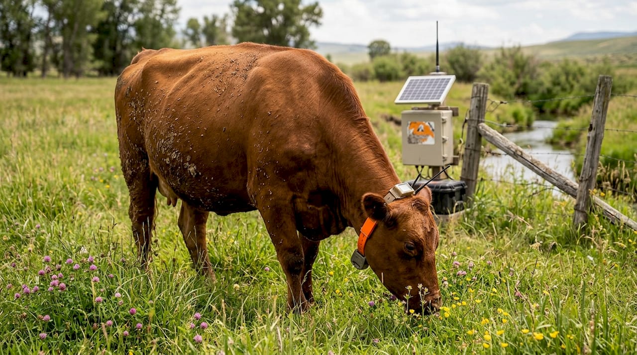 Cow wearing GPS collar in riparian meadow