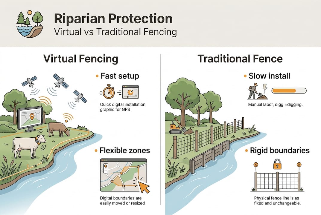 Infographic comparing fencing methods for riparian protection