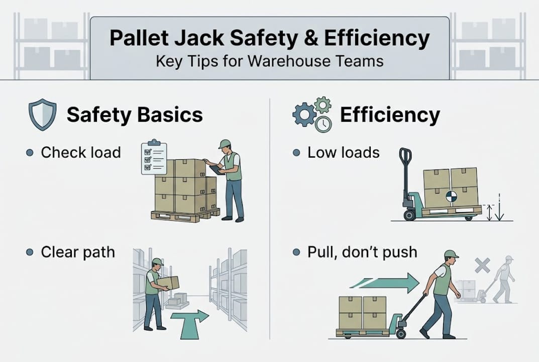 Infographic with pallet jack safety and efficiency tips