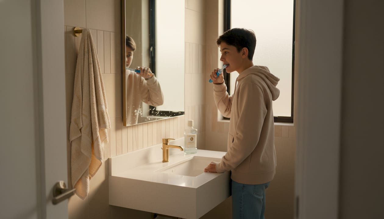 Teen brushing teeth with braces at bathroom sink