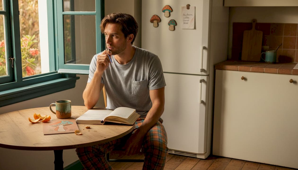 Man journaling intentions at breakfast table