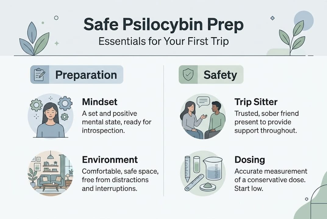 Infographic outlining safe psilocybin trip preparation