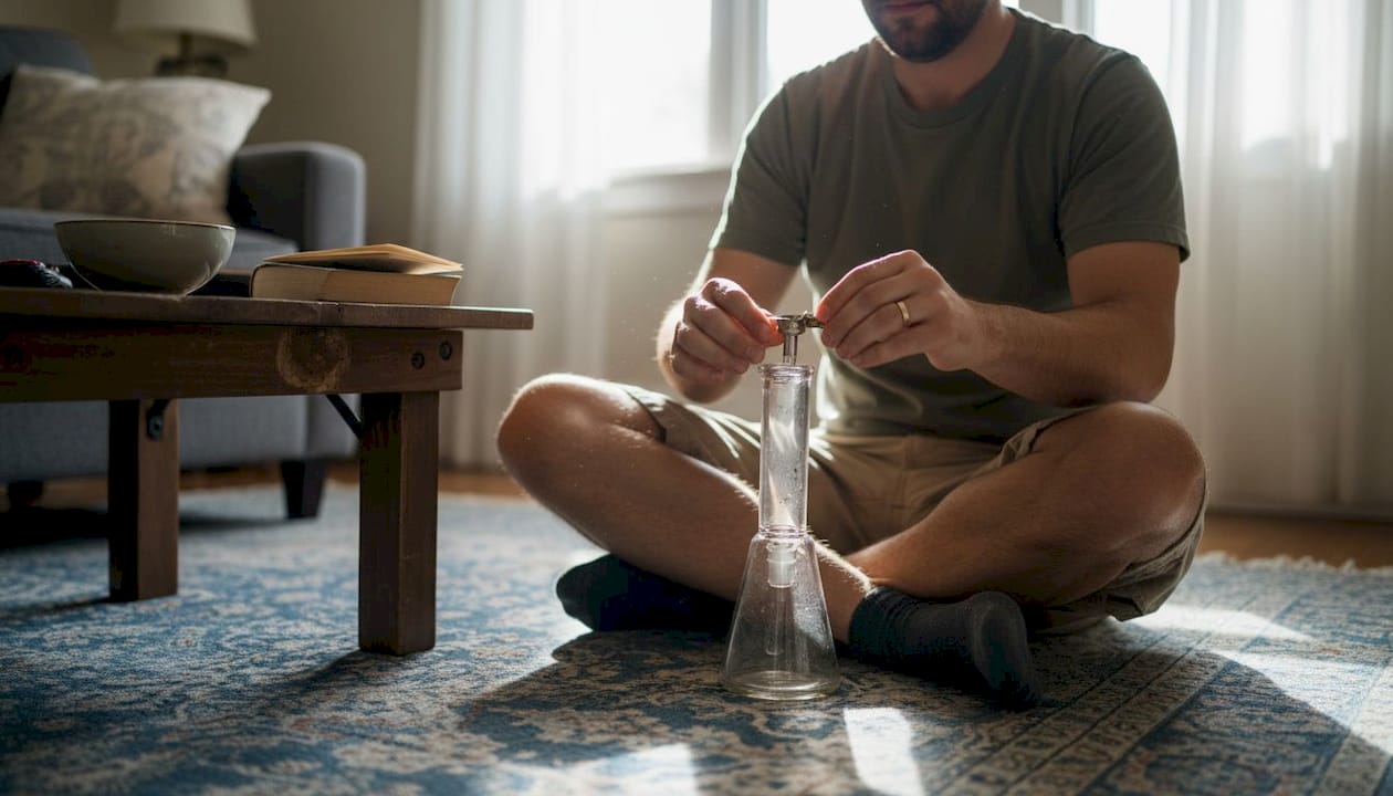 Man changes metal bong slide in living room