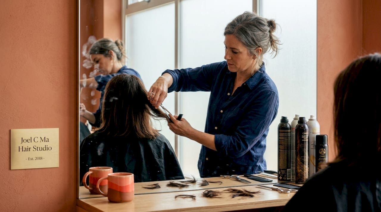 Hairdresser trimming split ends in salon