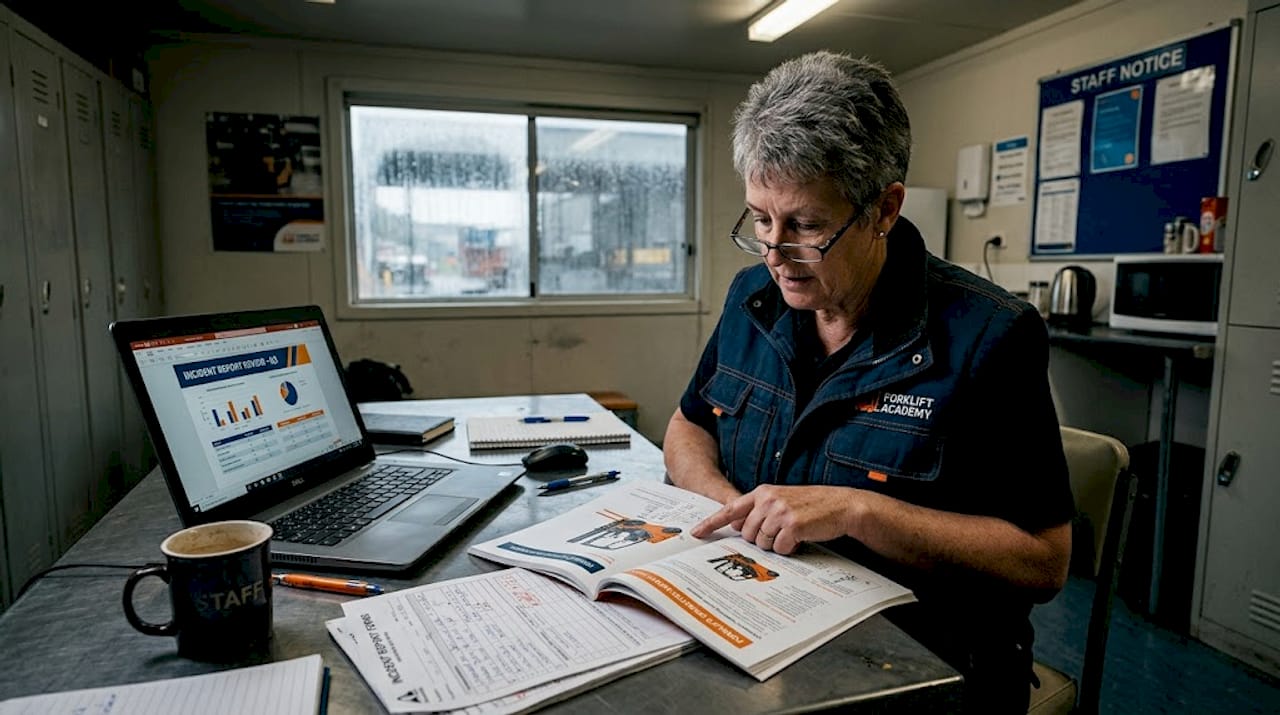 Safety manager reviewing forklift incident documents