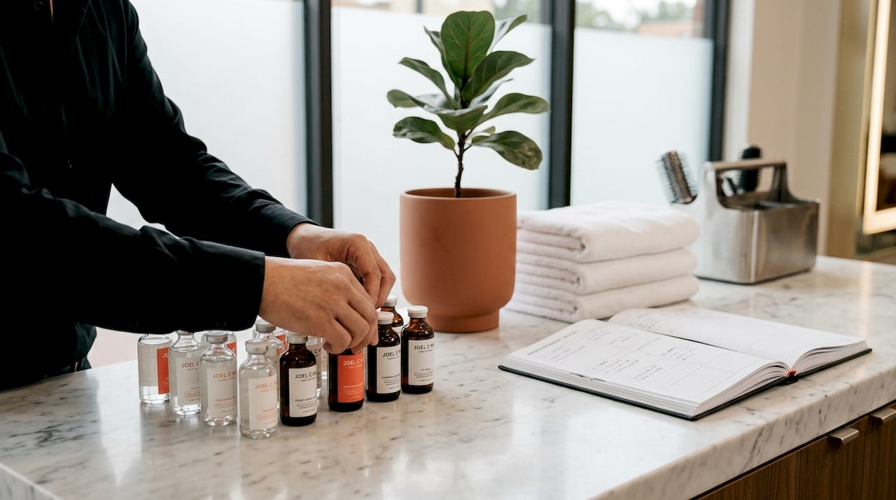 Stylist preparing scalp treatment products