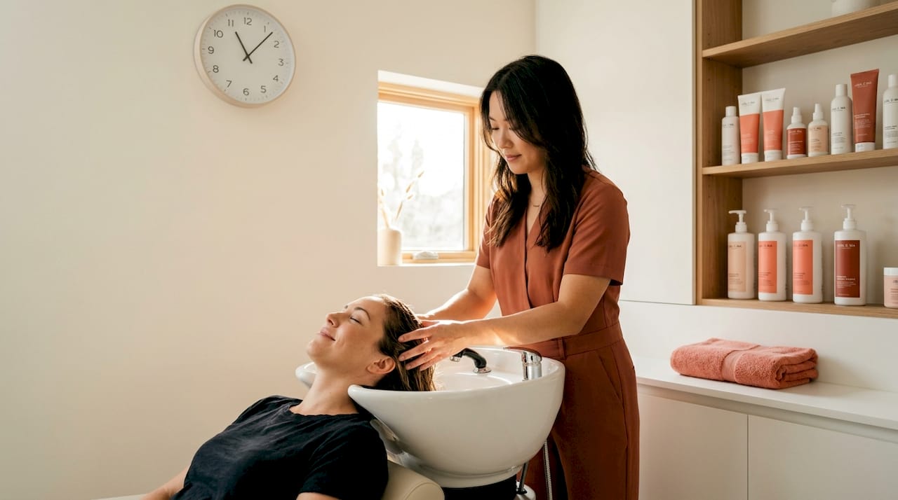 Client receiving scalp treatment in salon