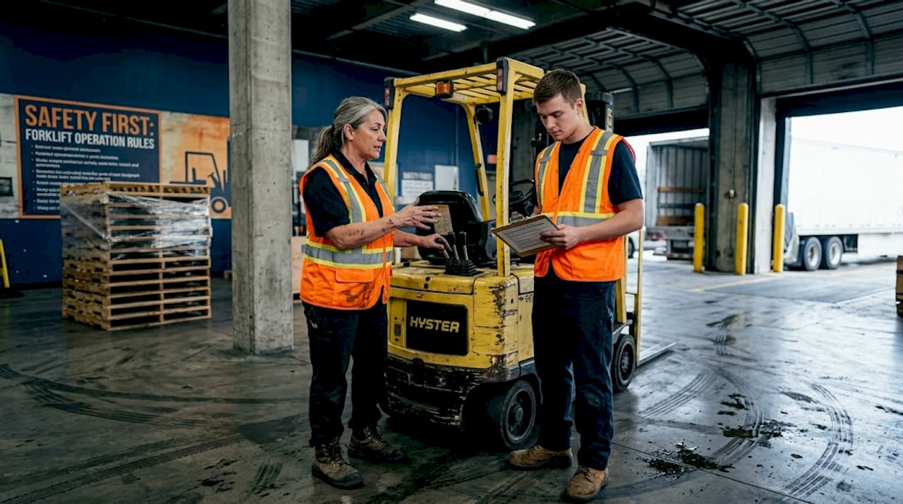 Trainer teaching onsite forklift operation basics