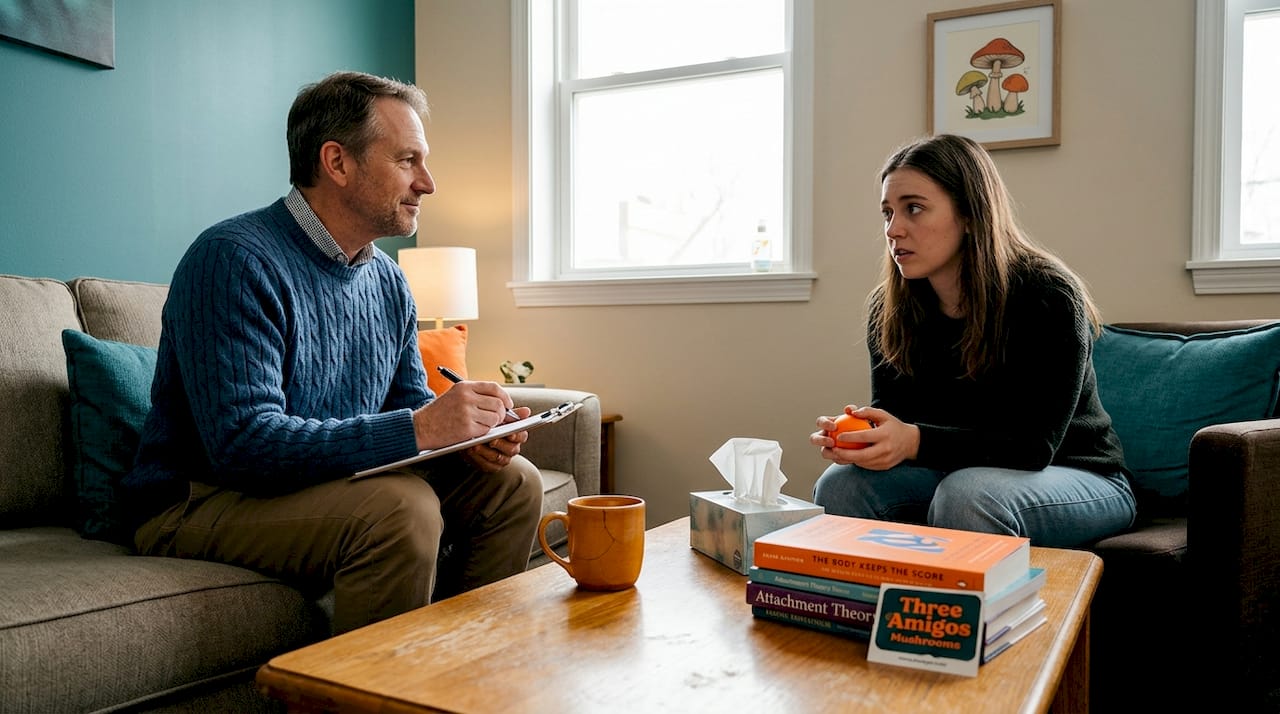Therapist and patient in candid counseling session