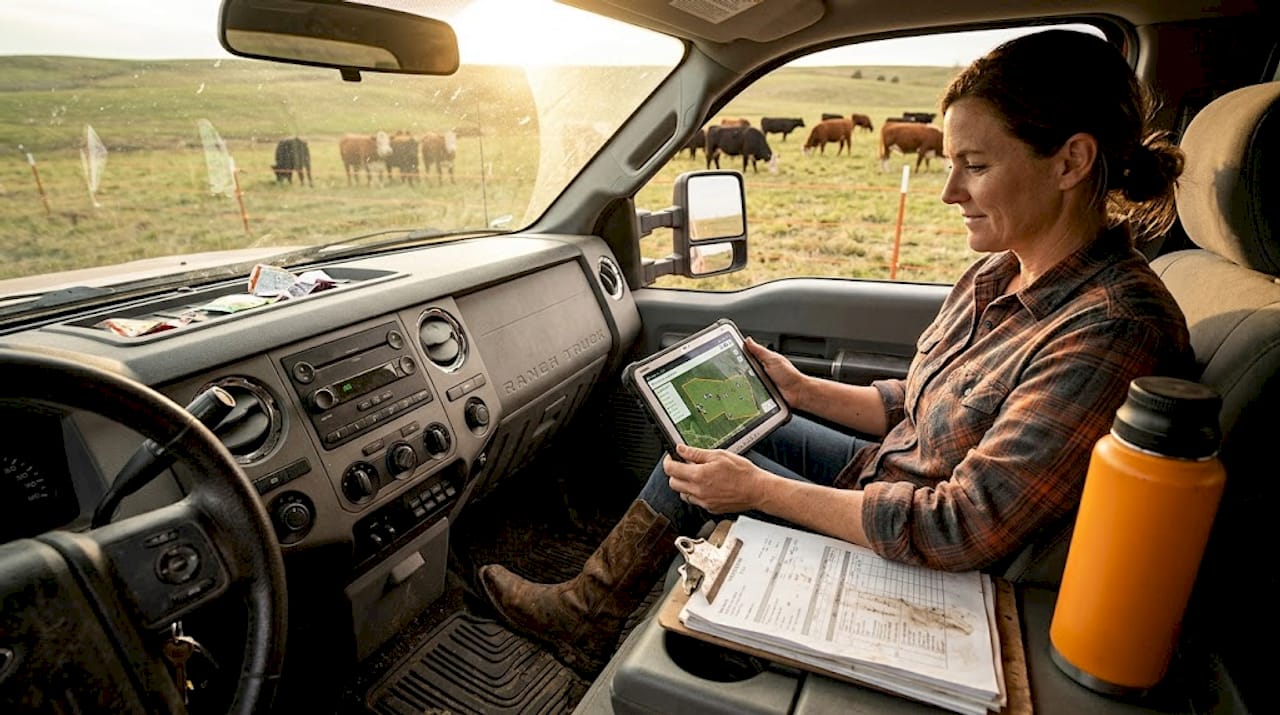 Ranch manager checks GPS livestock data