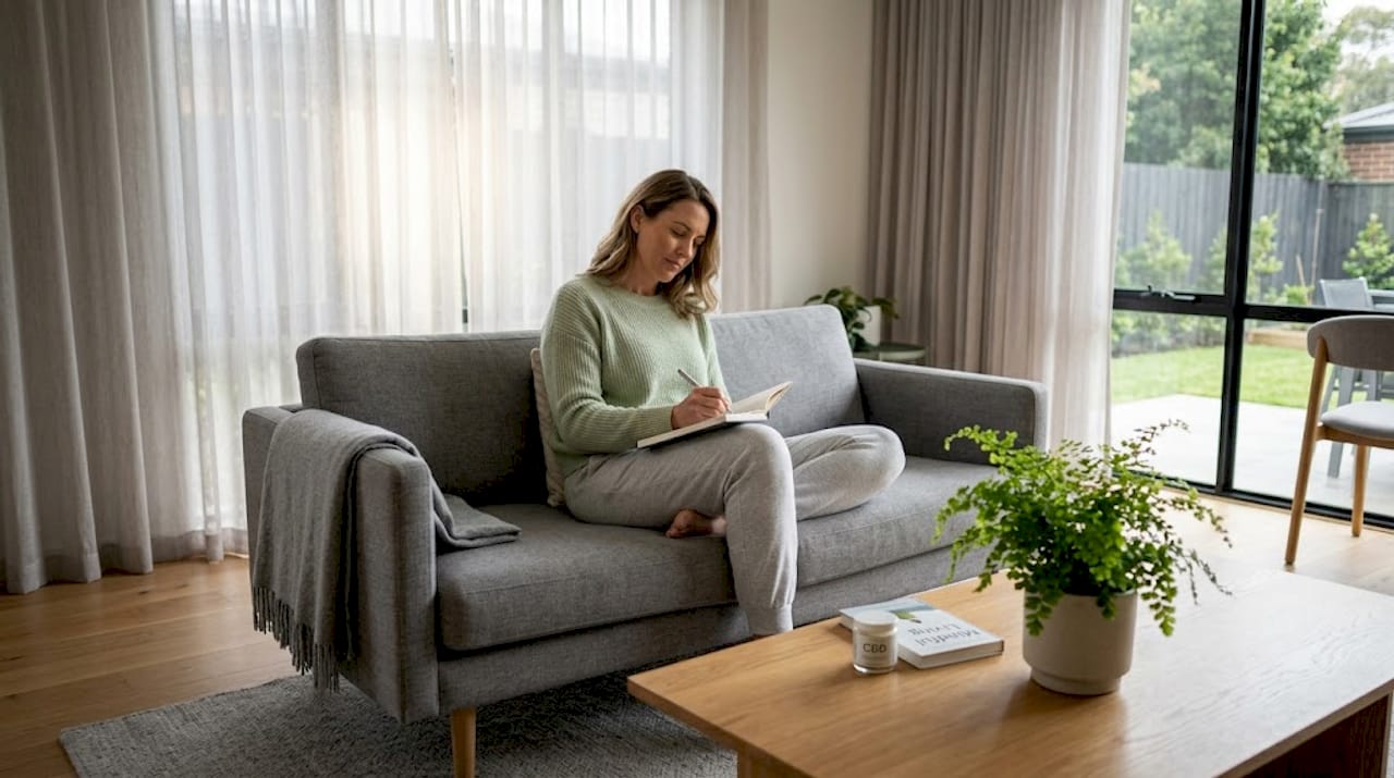 Woman journaling about cannabis strains at home