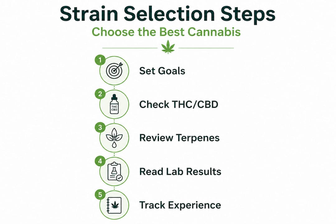 Infographic showing five steps to choose a cannabis strain